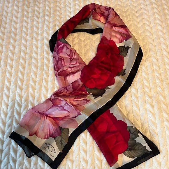 Oscar de la Renta Vintage Floral Silk Scarf - Red and Pink Roses Sheer Long - Picture 5 of 7